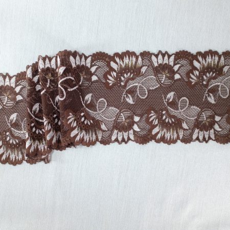 Chocolate brown scalloped stretch lace with metallic silver flowers and holographic details Bra making 15.8cm / 6.25" width